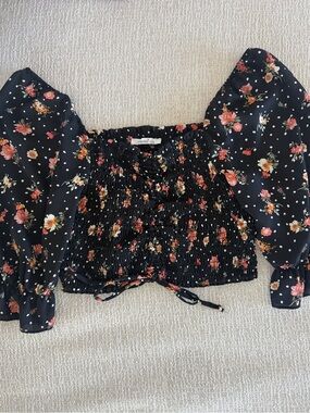 Ing Black Floral Smocked Crop Top with Puff Sleeves